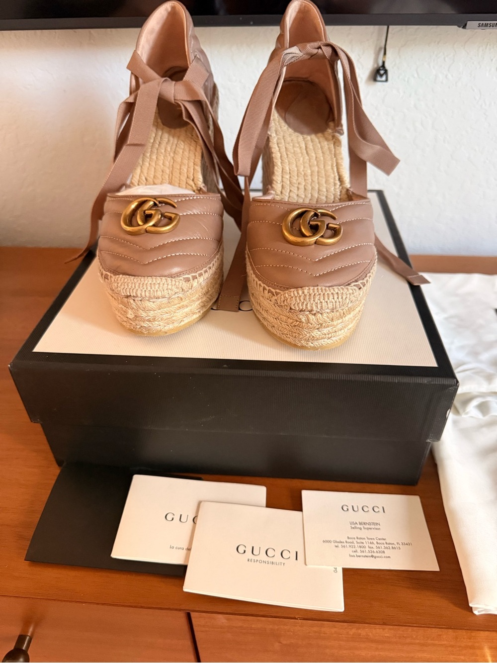 Gucci Brown Ribbon Tie Espadrille Platform Wedge Sandals with Gold GG
